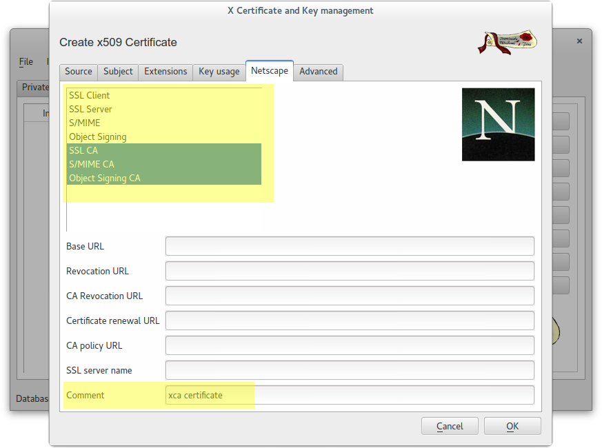 XCA - CA Root certificate netscape