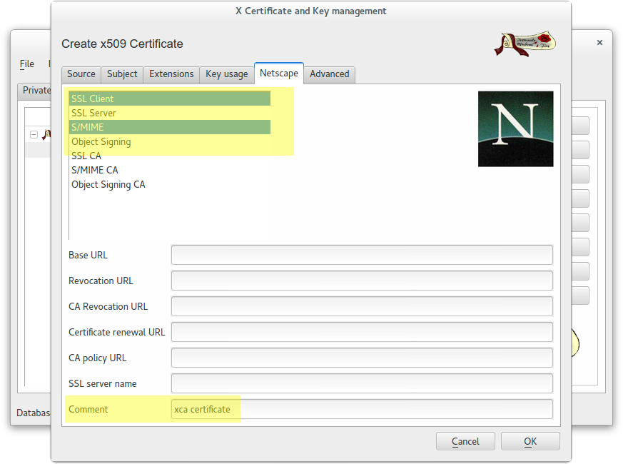 XCA - Client certificate netscape
